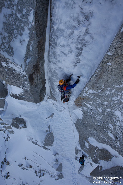 Philippe in the first crux (Photo J. Griffith)