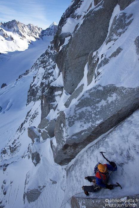 Philippe in the the first crux (Photo J. Griffith)