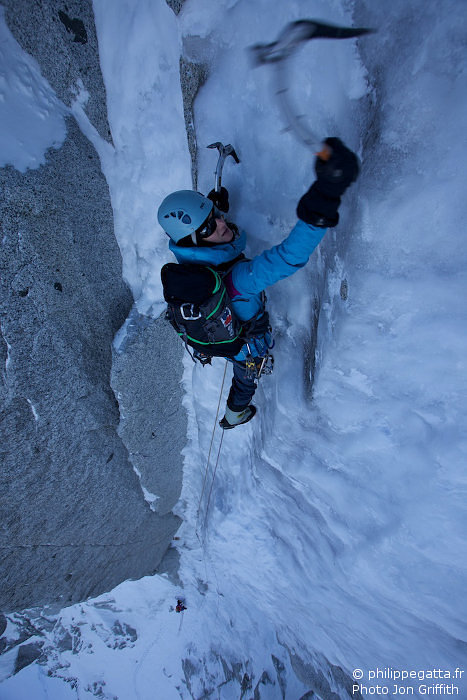 Carine Salvy in the second crux (Photo J. Griffith)