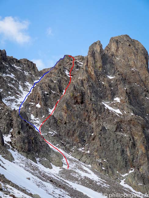 Cime de Paranova: Article Nòu (red), Northeast Couloir (blue) (© Philippe Gatta)