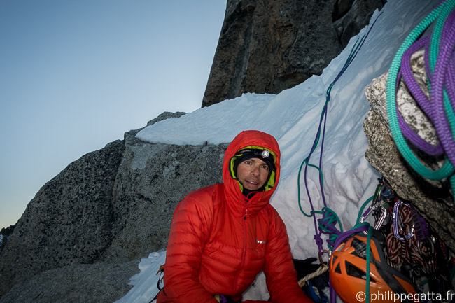 Early morning in the North face of Les Drus (© A. Chabot)