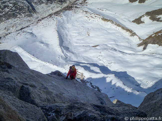 Second day in Allain-Leininger route in the North face of Petit Dru (© A. Chabot)