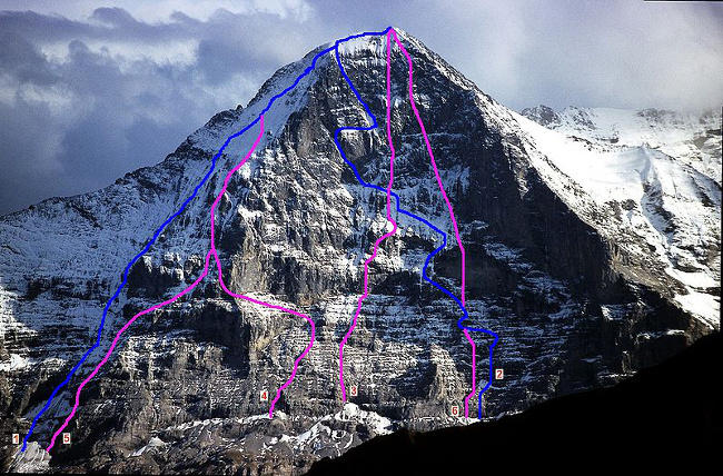 North Face of Eiger: the 1938 route is #2 in blue in the center of the face (Wikimedia common)