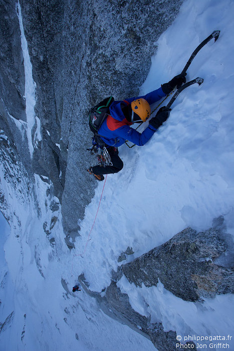 Philippe in the steep pitches of Vivagel (Photo J. Griffith) 