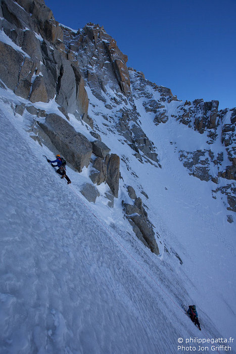 Philippe and Carine high up in Grande Rocheuse North Face (Photo J. Griffith) 