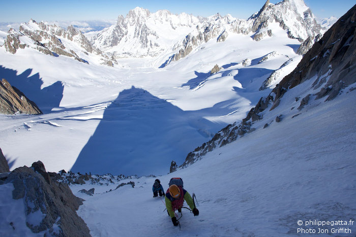 Philippe and Anna in the north face of Tour Ronde (Photo J. Griffith) 