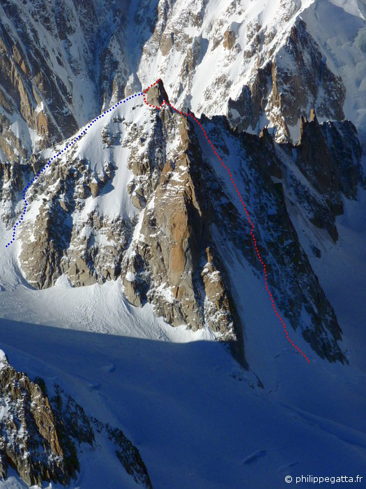 Tour Ronde: north face (red), normal route (blue) (© P. Gatta)