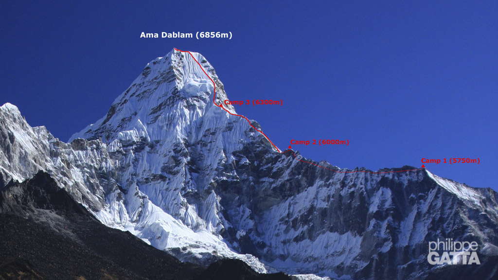 Southwest ridge of Ama Dablam and the 3 high camps (Photo © P. Gatta)